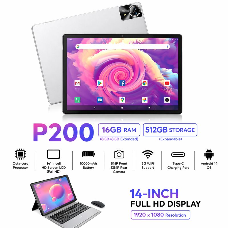 C idea P200 14" Smart Tablet PC, 16GB RAM + 512GB Storage, Android 14, 10000mAh, 5G WiFi, 13MP+5MP Camera, Keyboard &amp; Mouse