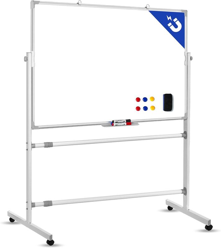 Brandtech Mobile Whiteboard with Stand 90x120cm, Double Sided Magnetic Whiteboard on Wheels, Mobile Standing White Board for Office, Classroom &amp; Home All Parts included