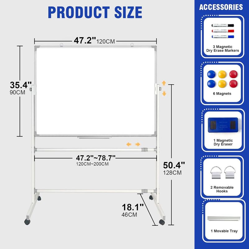 Mobile Whiteboard with Stand 90x120cm, Double Sided Magnetic Whiteboard on Wheels,