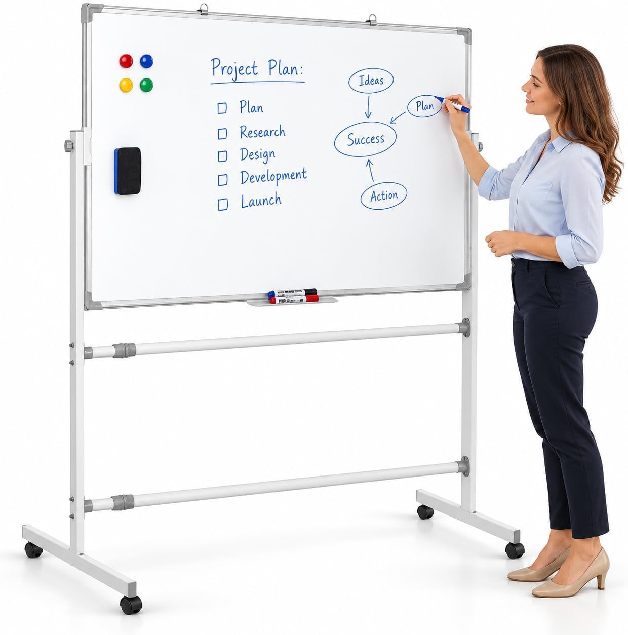 Brandtech Mobile Whiteboard with Stand 90x120cm, Double Sided Magnetic Whiteboard on Wheels,
