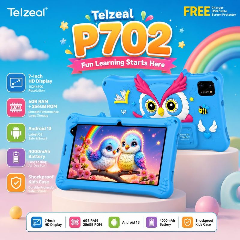 Telzeal P702 Tablet 7 Inch HD Display, 6GB RAM 256GB ROM, Android 13, 4000mAh Battery, Dual Camera, Shockproof Owl Case, WiFi + SIM Support