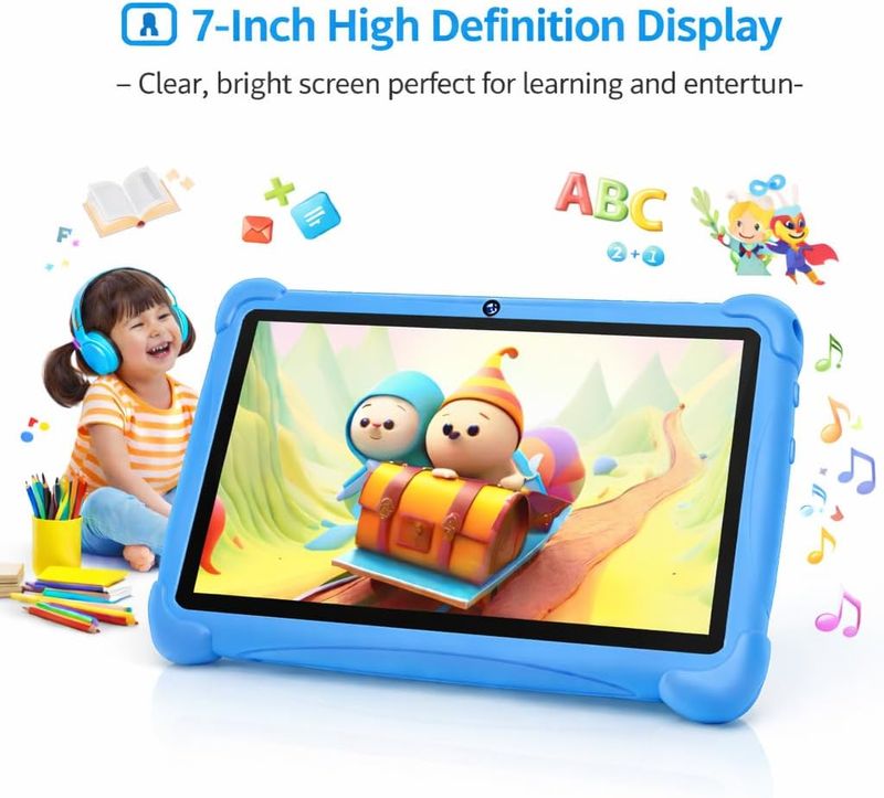Telzeal P602 Kids Tablet 7 Inch HD Display, Android 13, 4GB RAM + 128GB Storage, 3000mAh Battery, Dual Camera, 5G WiFi, Shockproof EVA Case