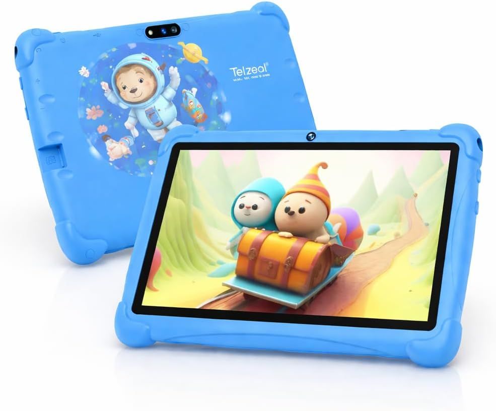Telzeal P602 Kids Tablet 7 Inch HD Display, Android 13, 4GB RAM + 128GB Storage, 3000mAh Battery, Dual Camera, 5G WiFi, Shockproof EVA Case