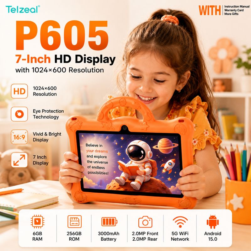 Telzeal P605 Tablet 7 Inch HD Display, 6GB RAM 256GB ROM, Android 15, 3000mAh Battery, 5G WiFi, Dual Camera, Shockproof Protective Case with Handle