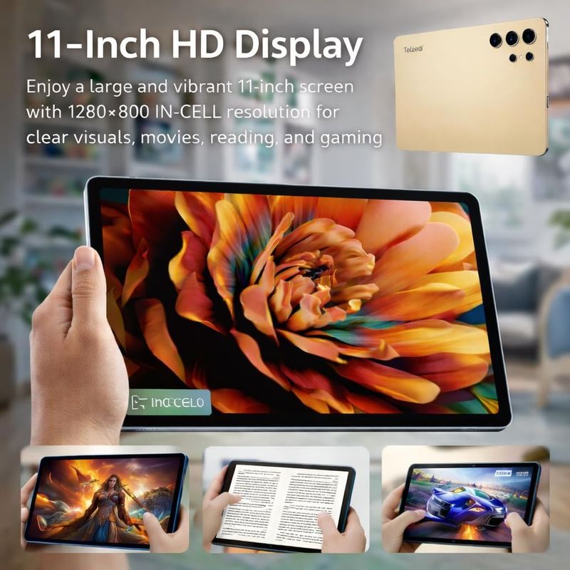 Telzeal P202 Tablet – Blue (12GB RAM, 512GB ROM), 11” HD Display, 10000mAh Battery, 20MP Rear Camera, Dual SIM, Android 15, Keyboard &amp; Mouse Included