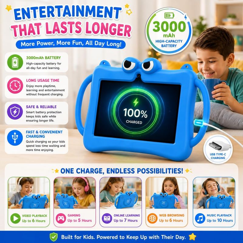 Telzeal P604 Kids Tablet 7 Inch HD Display, 6GB RAM 256GB ROM, Android 13, 3000mAh Battery, 5G WiFi, Dual Camera