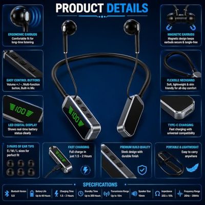 C idea Bluetooth Neckband Earphones with LED Digital Display, Deep Bass Stereo Sound, Bluetooth 5.0 Wireless Earbuds, HD Calling, Magnetic Earbuds, Up to 48 Hours Battery Life