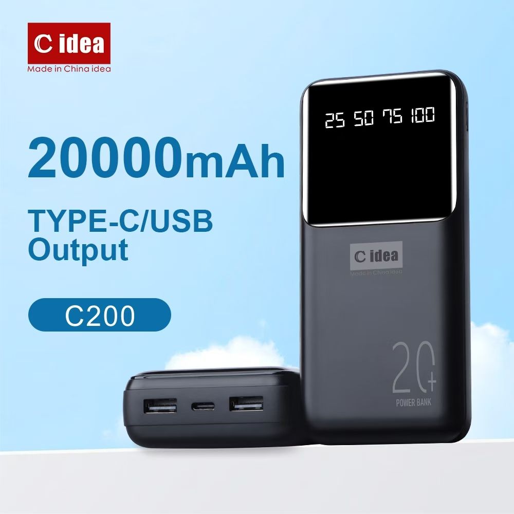 C idea C200 20000mAh Power Bank with Digital Display, Type-C &amp; Dual USB Output, High-Capacity Portable Charger for Smartphones, Tablets &amp; USB Devices – Black