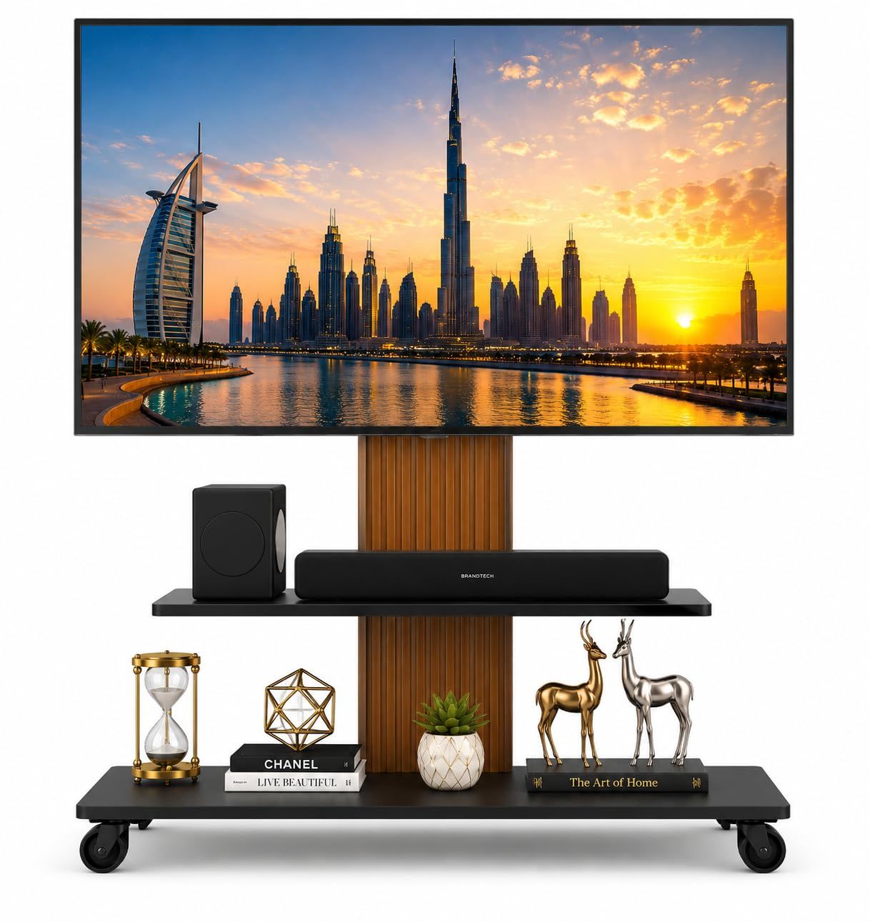 BrandTech Premium Mobile TV Cart for 55–90 Inch TVs, Height Adjustable Rolling TV Stand with 50° Swivel Mount, Locking Wheels, Adjustable AV Shelf, Cable Management, Max VESA 800x600, Supports 68kg: