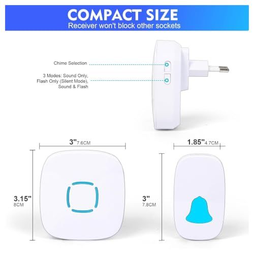 BRANDTECH Wireless Doorbell with 2 Receivers &amp; 1 Push Button, 300M Range, 36 Ringtones, 4 Volume Levels, IP65 Waterproof, LED Indicator, Easy Installation for Home, Apartment &amp; Office