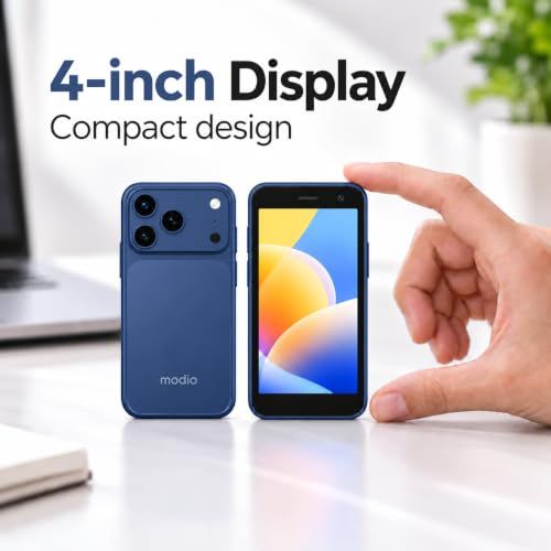 Modio MB17 Mini Smartphone, 4-Inch Display, Android 15, Face Unlock, Dual SIM, 4GB RAM, 64GB Storage, 8MP Rear &amp; 5MP Front Camera, 2000mAh Battery, Compact Design