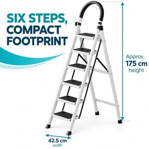 BRANDTECH 6-Step Folding Ladder with Non-Slip Protection, Wide Anti-Slip Treads, Padded Handrail, Safety Lock and Rubber Feet, Sturdy Steel Step Ladder for Home, Kitchen, Office and Garden, White