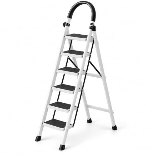 BRANDTECH 6-Step Folding Ladder with Non-Slip Protection, Wide Anti-Slip Treads, Padded Handrail, Safety Lock and Rubber Feet, Sturdy Steel Step Ladder for Home, Kitchen, Office and Garden, White