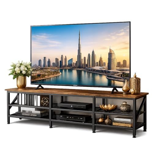 Brandtech Stand : Modern Media Table Wide TV Entertainment Center with Storage Shelves Sturdy Wooden Console Table with Metal Frame for Living Room (160 * 40 * 50CM Tiger Wood)