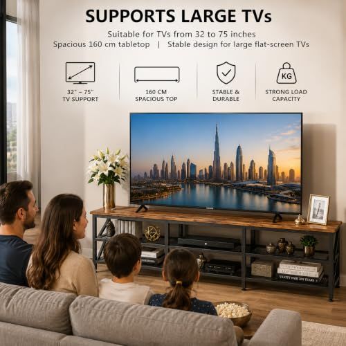 Brandtech Stand : Modern Media Table Wide TV Entertainment Center with Storage Shelves Sturdy Wooden Console Table with Metal Frame for Living Room (160 * 40 * 50CM Tiger Wood)