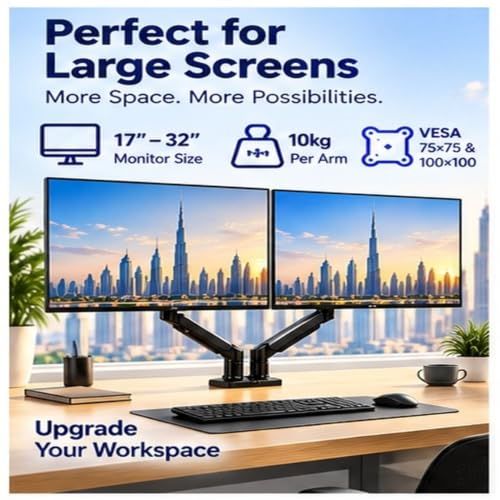 BRANDTECH Dual Monitor Stand for Desk, Adjustable Gas Spring Double Monitor Arm Mount for 17–32 Inch Screens, 10kg Per Arm, Full Motion 360° Rotation, VESA 75x75/100x100mm, Clamp &amp; Grommet Base, Black