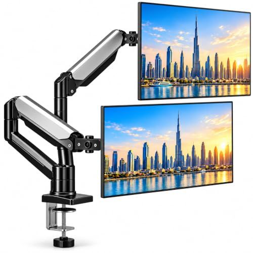 BRANDTECH Dual Monitor Stand for Desk, Adjustable Gas Spring Double Monitor Arm Mount for 17–32 Inch Screens, 10kg Per Arm, Full Motion 360° Rotation, VESA 75x75/100x100mm, Clamp &amp; Grommet Base, Black