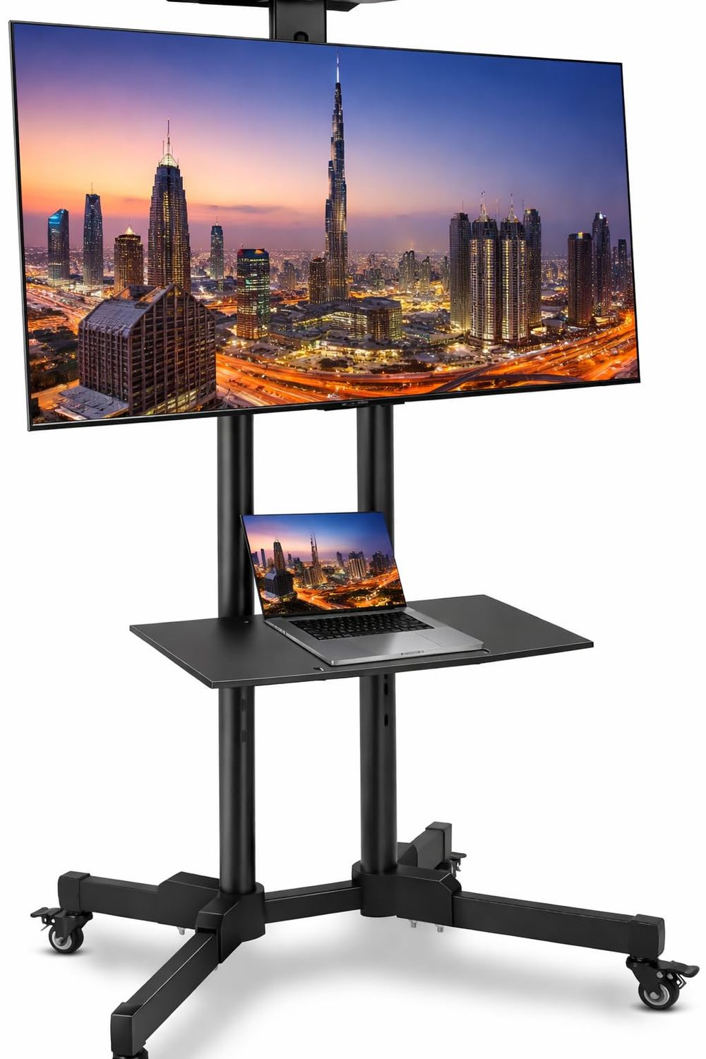 BrandTech Premium Heavy-Duty Mobile TV Stand Cart for 32-75 Inch TVs, Height Adjustable Rolling Floor TV Mount with Lockable Casters, 2-Tier AV Shelves, Max VESA 600x400
