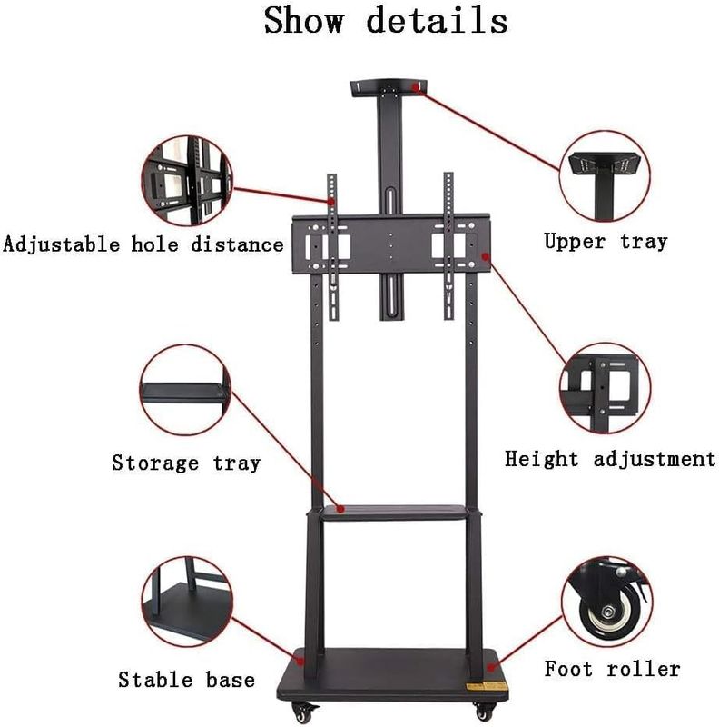 BrandTech Premium Heavy-Duty Mobile TV Stand Cart for 32–75 Inch TVs, Height Adjustable Rolling Floor TV Mount with Lockable Wheels, Dual AV Shelves, Universal VESA 100x100–600x400, Black