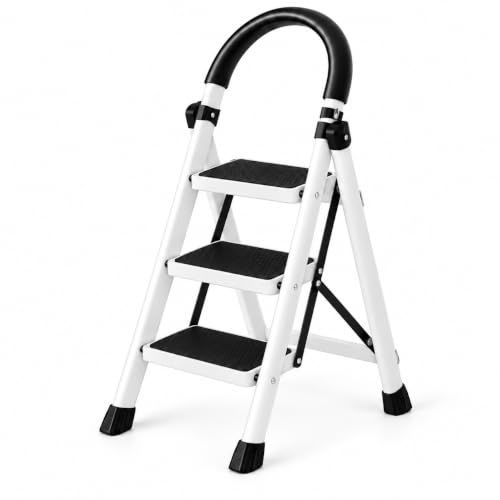 BRANDTECH 3-Step Folding Ladder with Non-Slip Protection, Wide Anti-Slip Treads, Padded Handrail, Safety Lock and Rubber Feet, Sturdy Steel Step Ladder for Home, Kitchen, Office and Garden, White