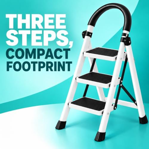 BRANDTECH 3-Step Folding Ladder with Non-Slip Protection, Wide Anti-Slip Treads, Padded Handrail, Safety Lock and Rubber Feet, Sturdy Steel Step Ladder for Home, Kitchen, Office and Garden, White