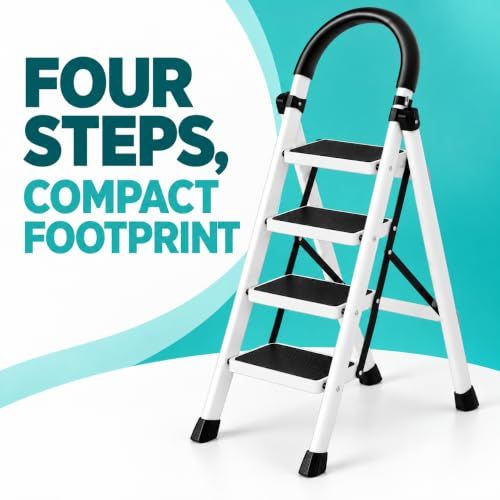 BRANDTECH 4-Step Folding Ladder with Non-Slip Protection, Wide Anti-Slip Treads, Padded Handrail, Safety Lock and Rubber Feet, Sturdy Steel Step Ladder for Home, Kitchen, Office and Garden, White
