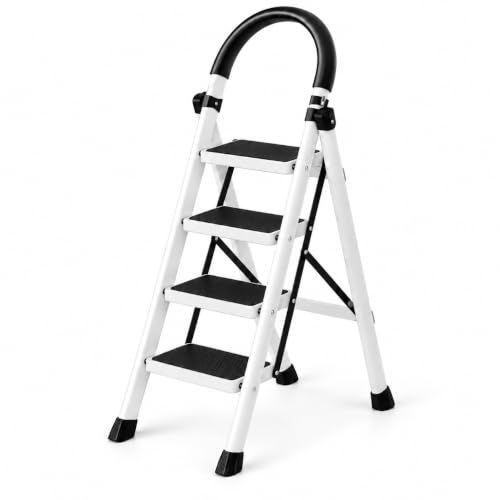 BRANDTECH 4-Step Folding Ladder with Non-Slip Protection, Wide Anti-Slip Treads, Padded Handrail, Safety Lock and Rubber Feet, Sturdy Steel Step Ladder for Home, Kitchen, Office and Garden, White