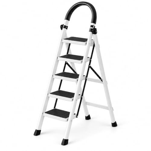 BRANDTECH 5-Step Folding Ladder with Non-Slip Protection, Wide Anti-Slip Treads, Padded Handrail, Safety Lock and Rubber Feet, Sturdy Steel Step Ladder for Home, Kitchen, Office and Garden, White