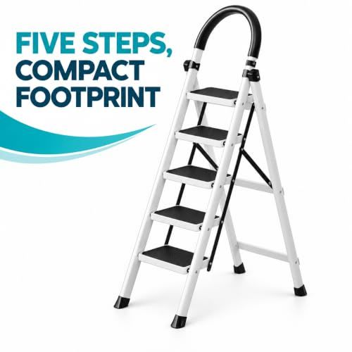 BRANDTECH 5-Step Folding Ladder with Non-Slip Protection, Wide Anti-Slip Treads, Padded Handrail, Safety Lock and Rubber Feet, Sturdy Steel Step Ladder for Home, Kitchen, Office and Garden, White