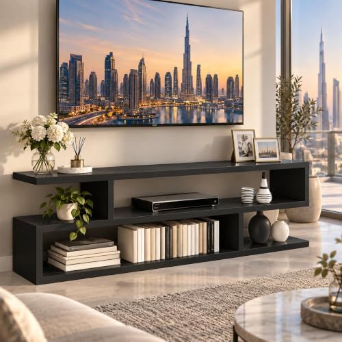 Brandtech Wooden S-Shaped TV Console Stand, Modern Entertainment Unit with Open Shelves for Living Room, Bedroom &amp; Home Office, DIY Assembly, 100 x 24 x 53 cm