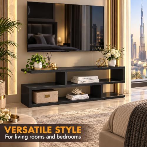 Brandtech Wooden S-Shaped TV Console Stand, Modern Entertainment Unit with Open Shelves for Living Room, Bedroom &amp; Home Office, DIY Assembly, 100 x 24 x 53 cm