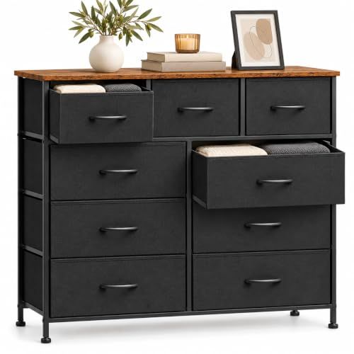 BRANDTECH Premium 9-Drawer Fabric Dresser, Black Storage Chest with Steel Frame, Wood Top &amp; Adjustable Feet, Bedroom, Living Room &amp; Nursery Organiser, 100 x 30 x 96 cm