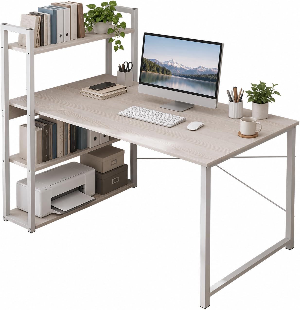 BRANDTECH Computer Desk with Reversible 4-Tier Bookshelf, 120 cm Study Table with Grey Woodgrain Top, Steel X-Frame and Storage Shelves for Home Office, Bedroom and Study