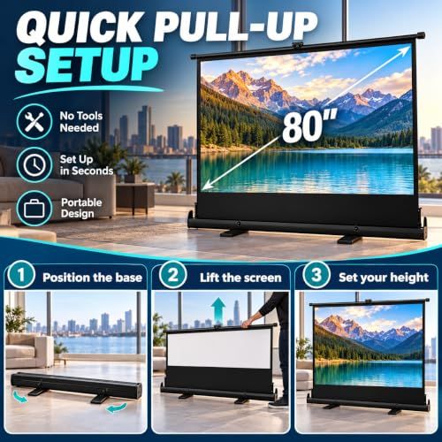 BRANDTECH 80-Inch Portable Pull-Up Projector Screen, Freestanding Adjustable Height, White Fiberglass, 1.8 Gain, 4K/8K &amp; 3D Compatible, Aluminum Case, Home Cinema &amp; Outdoor Movie Nights