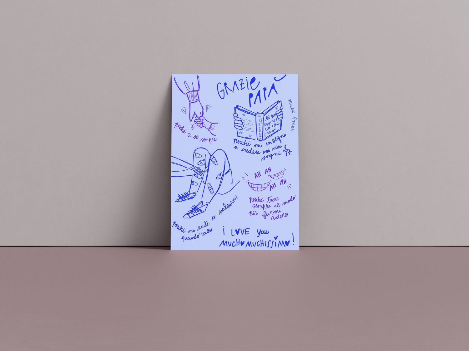 Amorino di Mucho Amor con la frase "grazie papà", biglietto in carta riciclata