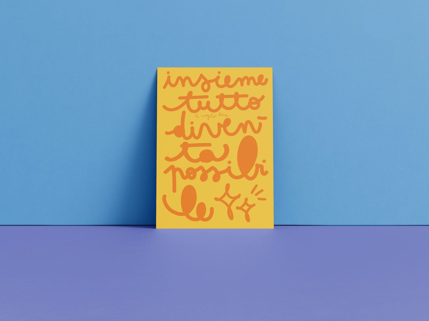 Amorino di Mucho Amor con la frase "insieme tutto diventa possibile", biglietto in carta riciclata