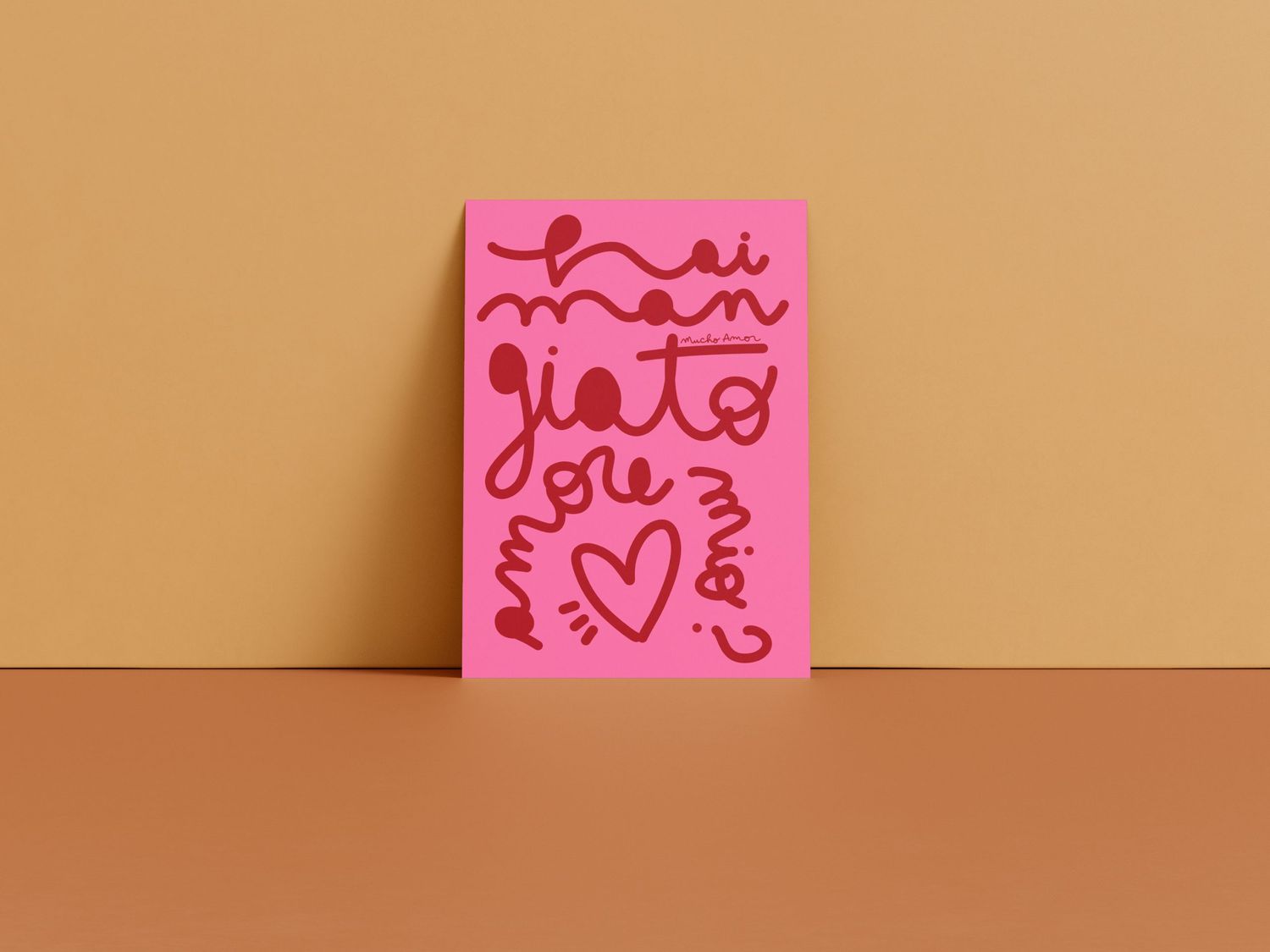 Amorino di Mucho Amor con la frase "hai mangiato amore mio", biglietto in carta riciclata