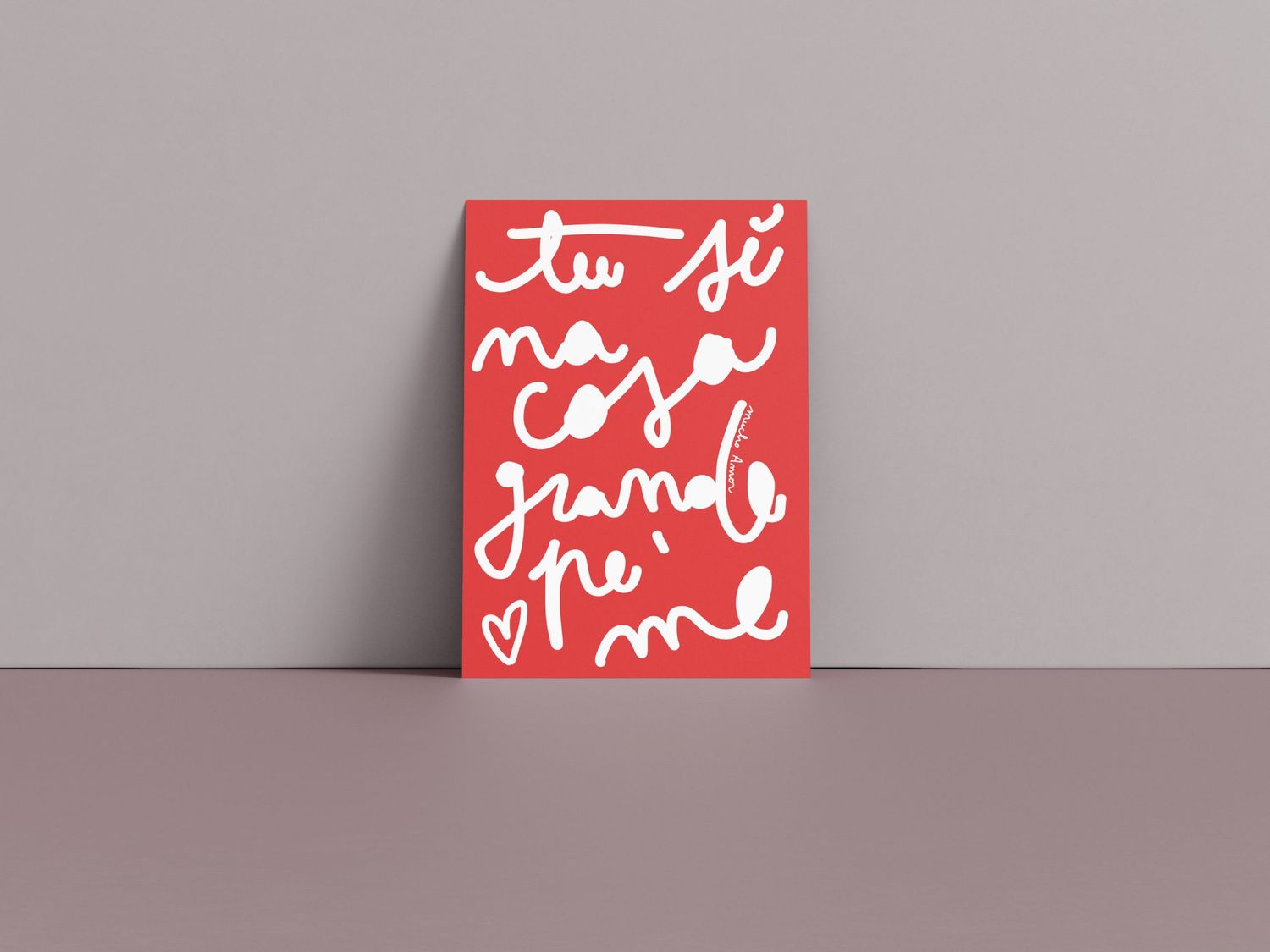 Amorino di Mucho Amor con la frase "tu si na cosa grande pe me", biglietto in carta riciclata