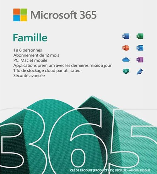 Microsoft 365 Famille - 1 An. Word, Excel, PowerPoint, OneNote, Outlook, Publisher,  Access Publisher