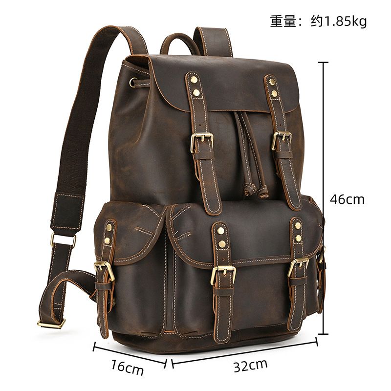 Sac à dos rétro grande capacité en cuir pour homme, sac à dos tendance en cuir de vache, sac de voyage de 16 pouces, cartable Sac à dos rétro grande capacité en cuir pour homme, sac à dos tendance en cuir de vache, sac de voyage de 16 pouces, cartable