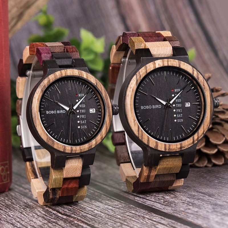 Montres pour Femmes en bois, pour les amoureux, montre à Quartz avec affichage du jour et de la Date, montre en bois de couleur classique Montres pour Femmes en bois, pour les amoureux, montre à Quartz avec affichage du jour et de la Date, montre en bois de couleur classique