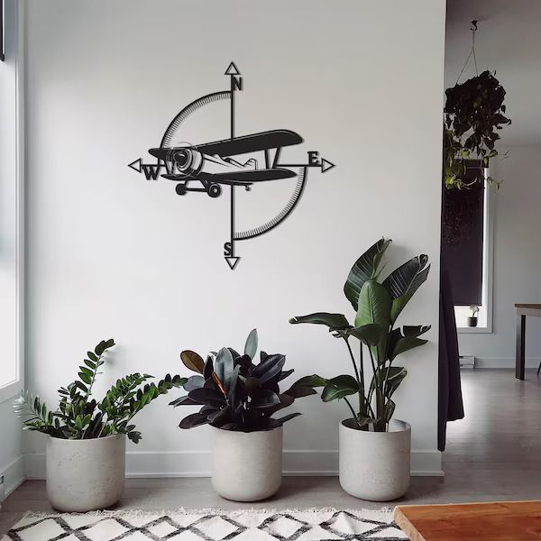 Metal Wall Art Plane Inside Compass