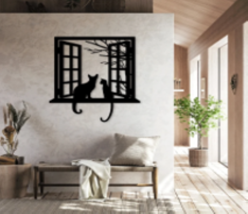 Metal Wall Art  Cat in Window Frame