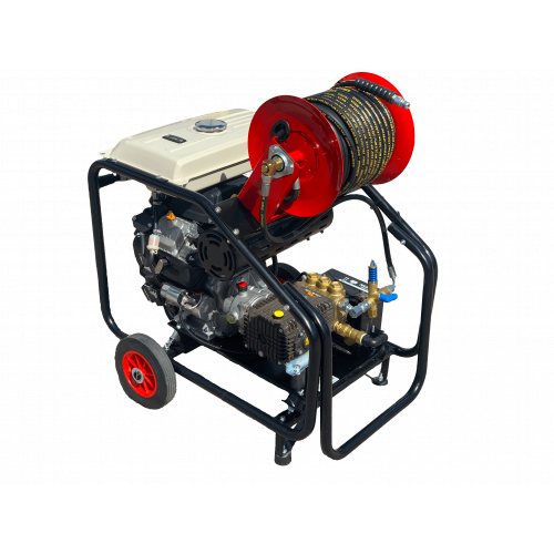 Industrial Twin-Cylinder Pressure Washer - Loncin LC2V80FD-1 41 LPM Interpump Trolley Frame + 40M Reel (Electric Start)