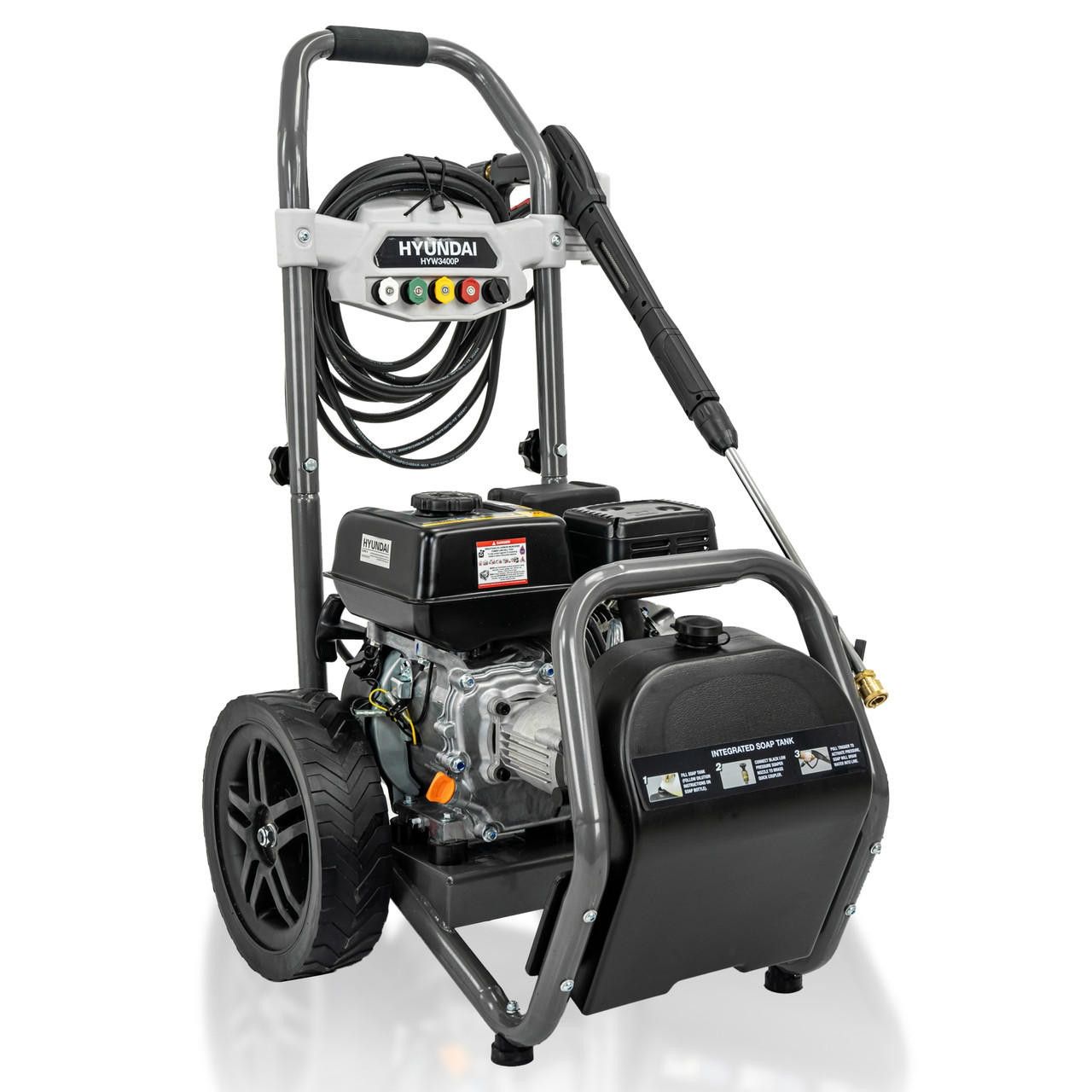 Hyundai 3400psi / 234 bar Petrol Pressure Washer, 9L/min, 7hp, 210cc with 10m Hose & Detergent Tank - HYW3400P
