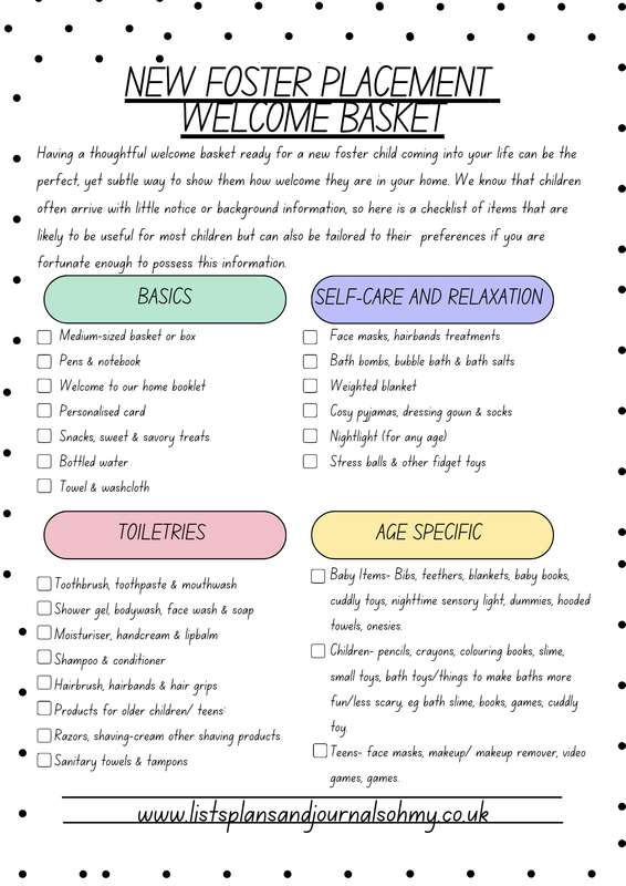 Welcome Basket Checklist- New Foster Placement