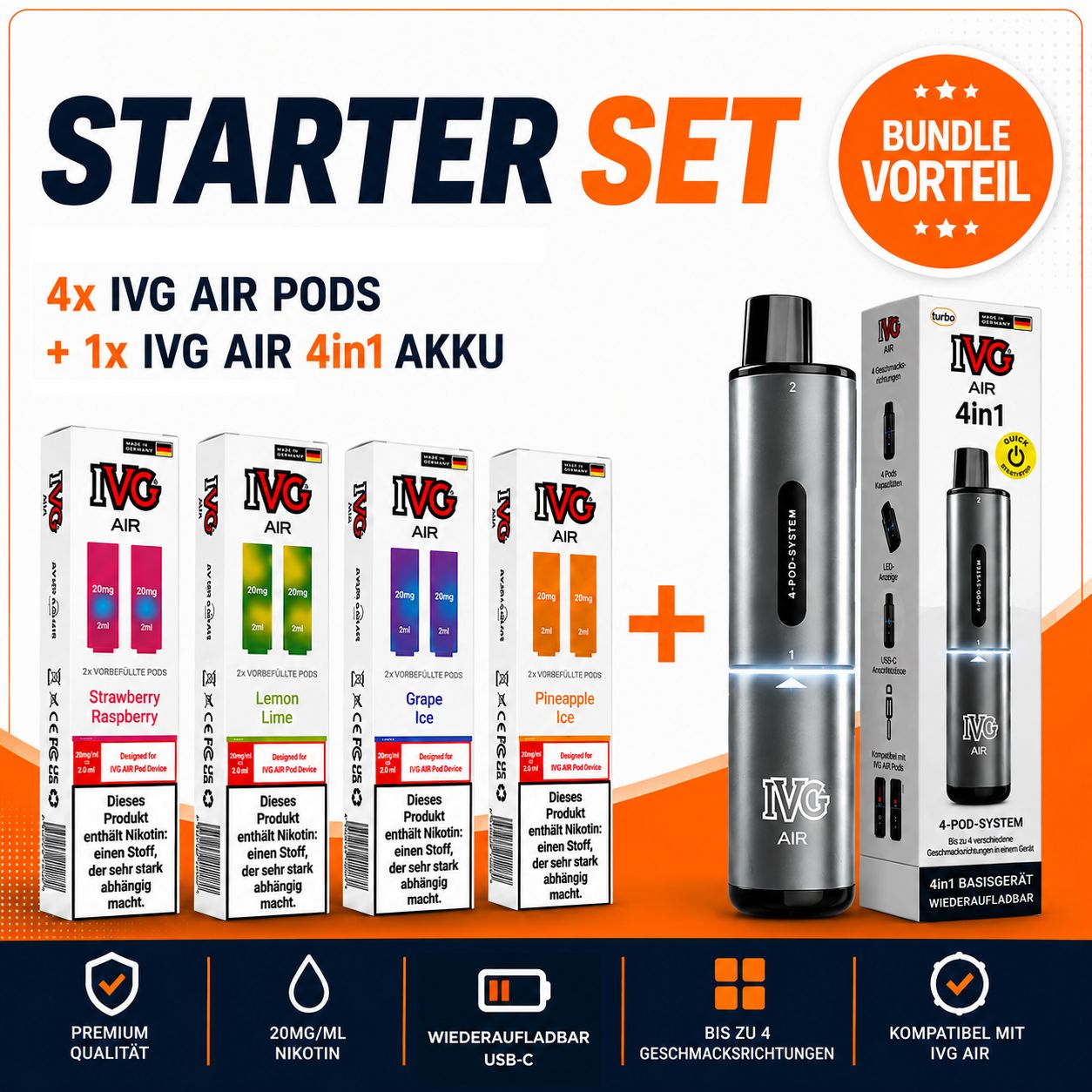 IVG AIR 4IN1 BUNDLE | AKKU + 8 PODS