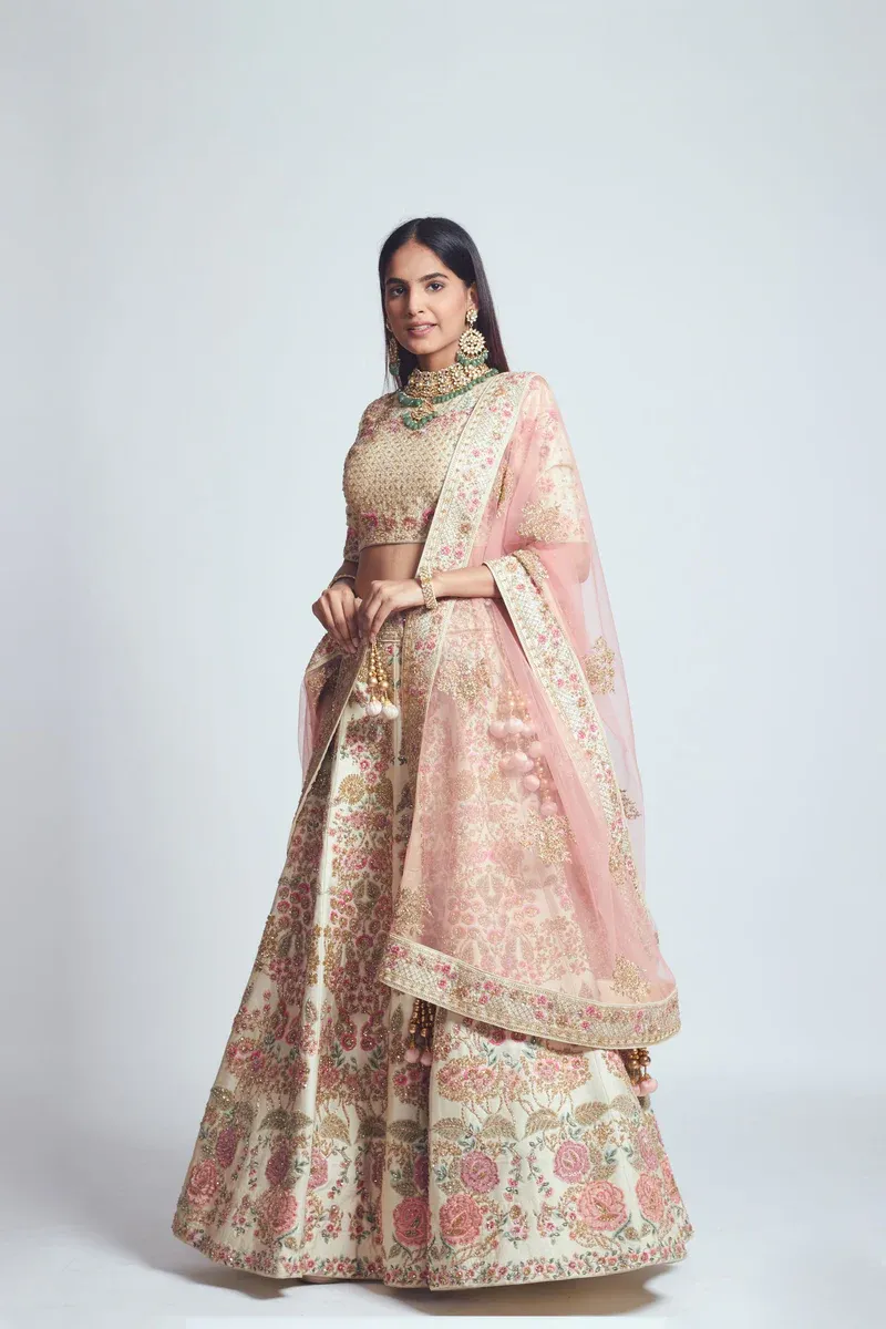 Parinaaz- Daisy Ivory &amp; Blush Pink parsi &amp; dabka zardozi embroidered lehenga