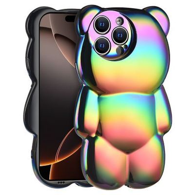 Apple iPhone 16 Pro Max (6.9) - Black Holographic 3D Bear TPU Case with Black TPU Edge Bumper - Stylish Protection for Your Device