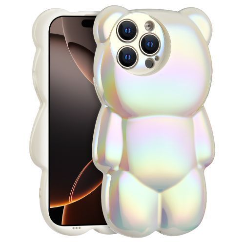 Apple iPhone 16 Pro Max (6.9) - White Holographic 3D Bear TPU Case with White TPU Edge Bumper - Elegant Protection with a Playful Twist